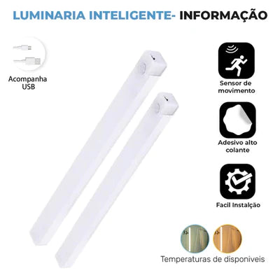 Luminária LED Barra com Sensor de Movimento - Recarregável e Fácil Instalação