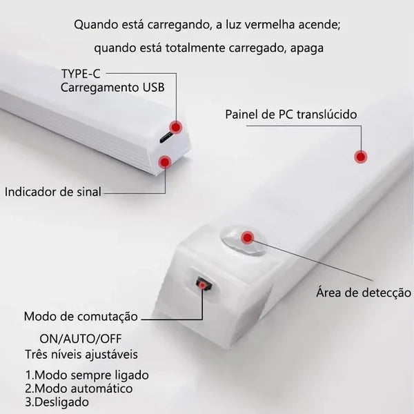 Luminária LED Barra com Sensor de Movimento - Recarregável e Fácil Instalação